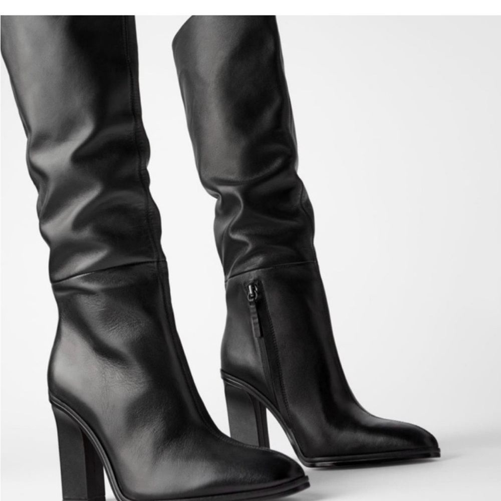 Zara Black Heeled Leather Boots